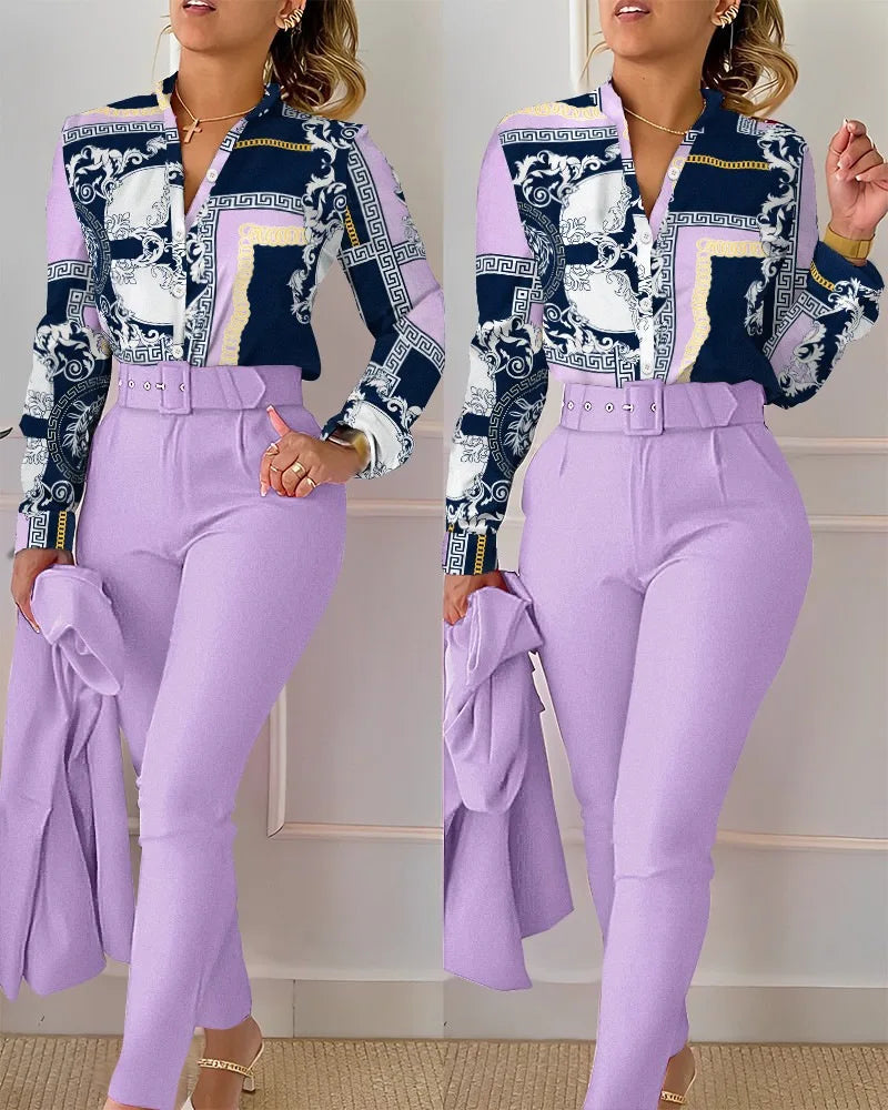 Elegant Women Printed Two Piece Suit Sets Spring Autumn V Neck Long Sleeve Shirt Top & Long Pants Set With Belt Workwear Outfits
