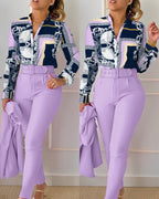 Elegant Women Printed Two Piece Suit Sets Spring Autumn V Neck Long Sleeve Shirt Top & Long Pants Set With Belt Workwear Outfits