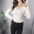 2025 Autumn Winter Women Solid Rib Knit V Neck Stripe Pull Sweater Femme Y2k Long Sleeve Pullover Jersey Tops Fashion Clothes
