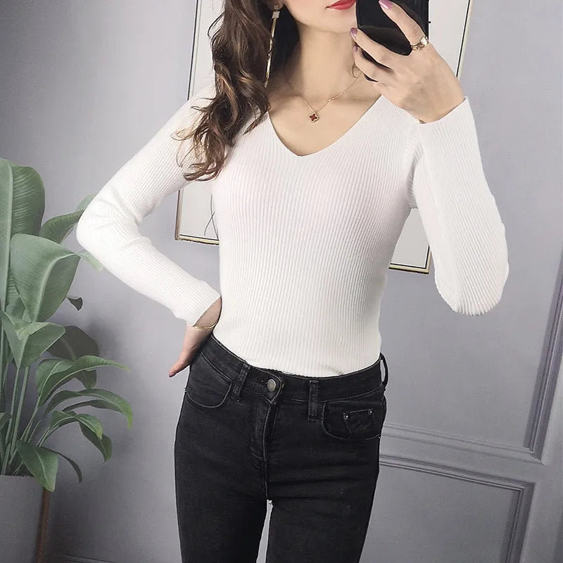 2025 Autumn Winter Women Solid Rib Knit V Neck Stripe Pull Sweater Femme Y2k Long Sleeve Pullover Jersey Tops Fashion Clothes