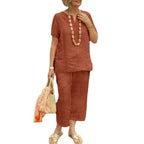 2Pcs Women Blouse Pants Set Solid Color Short Sleeve Loose Top Wide Leg Straight Pants Sets Casual Matching Tracksuit Outfit