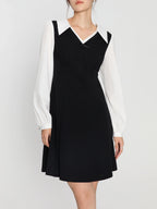 DUSHU Women Autumn Long SLeeve Dresses Office Lady Temperament Polo Neck A-LINE Long Dress Fake Two Patchwork Dress 24DS83358