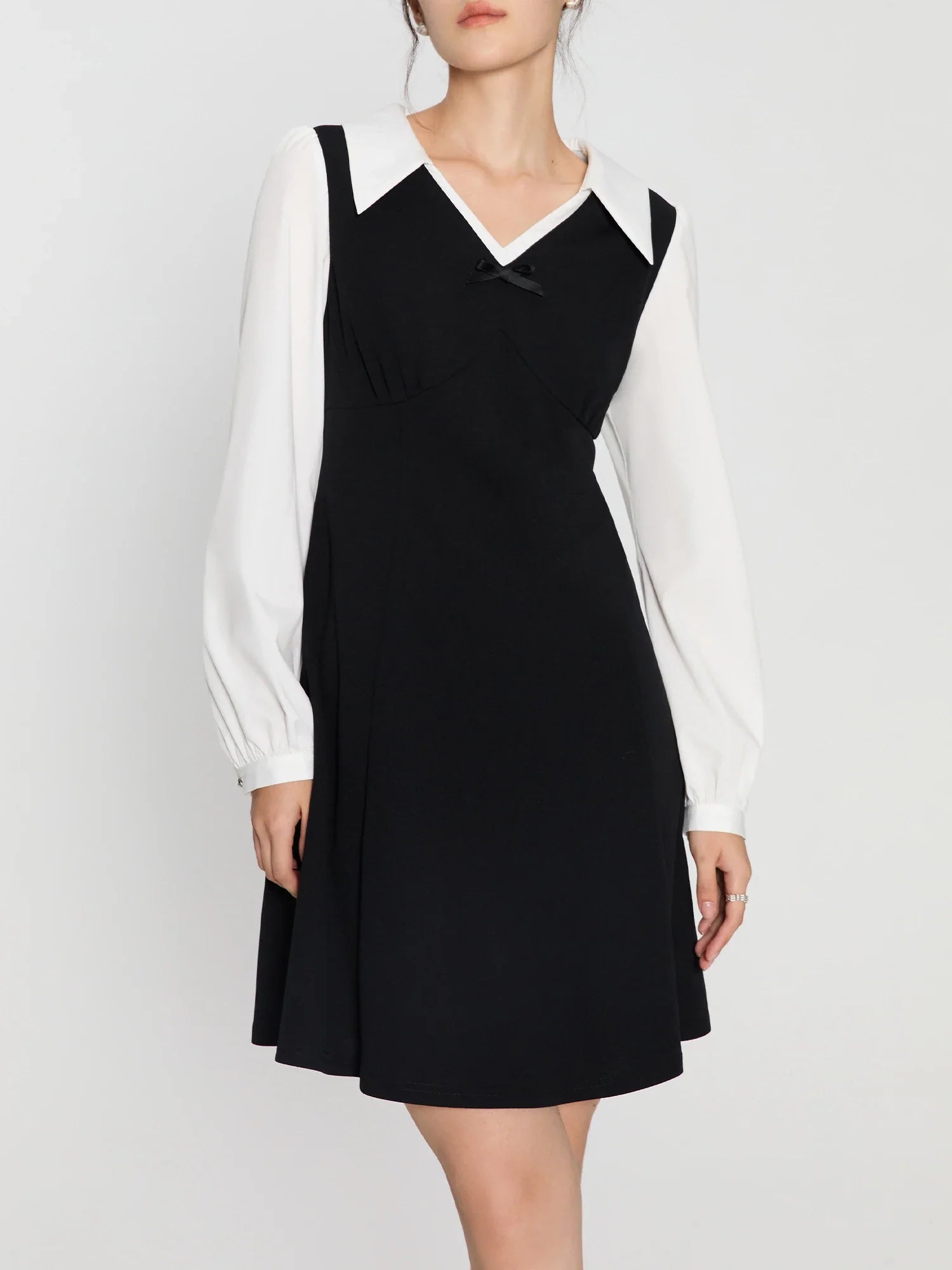 DUSHU Women Autumn Long SLeeve Dresses Office Lady Temperament Polo Neck A-LINE Long Dress Fake Two Patchwork Dress 24DS83358