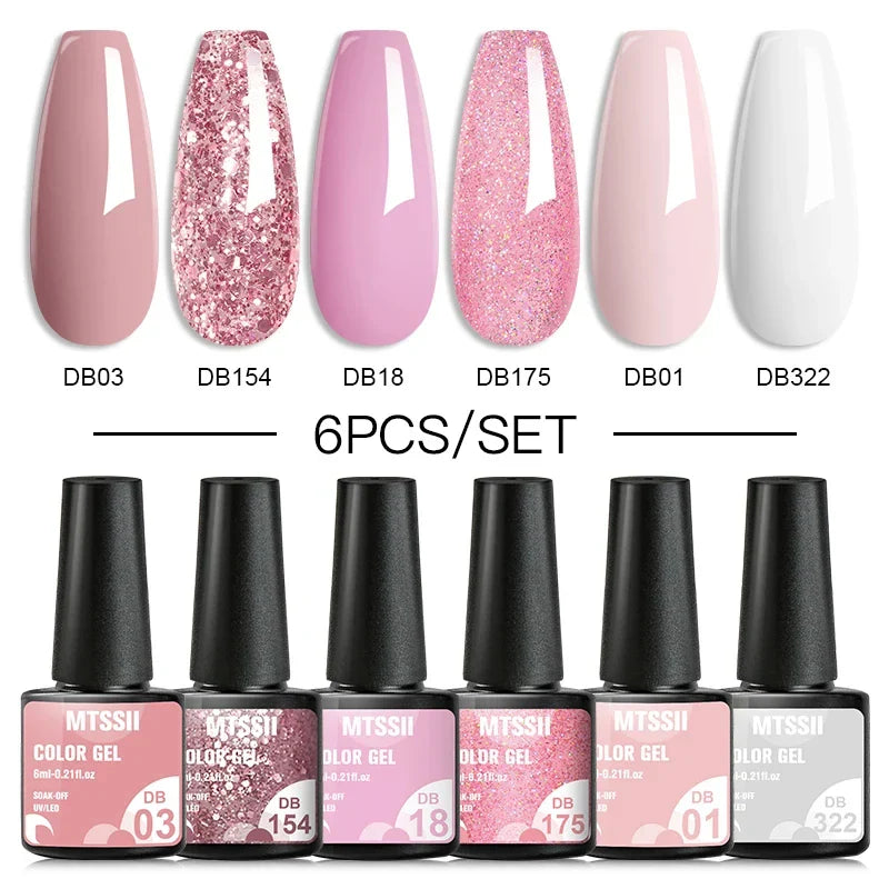 6PCS/SET Glitter Bright Pink Peach Gel Nail Polish Kit Spring Colorful Semi Permanent Soak Off Art UV Gel Varnish For Manicure