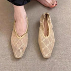 2025 New Lace Mesh Breathable Single Shoes Women's Summer French Square Toe Slip-On Chain Mary Jane Flats