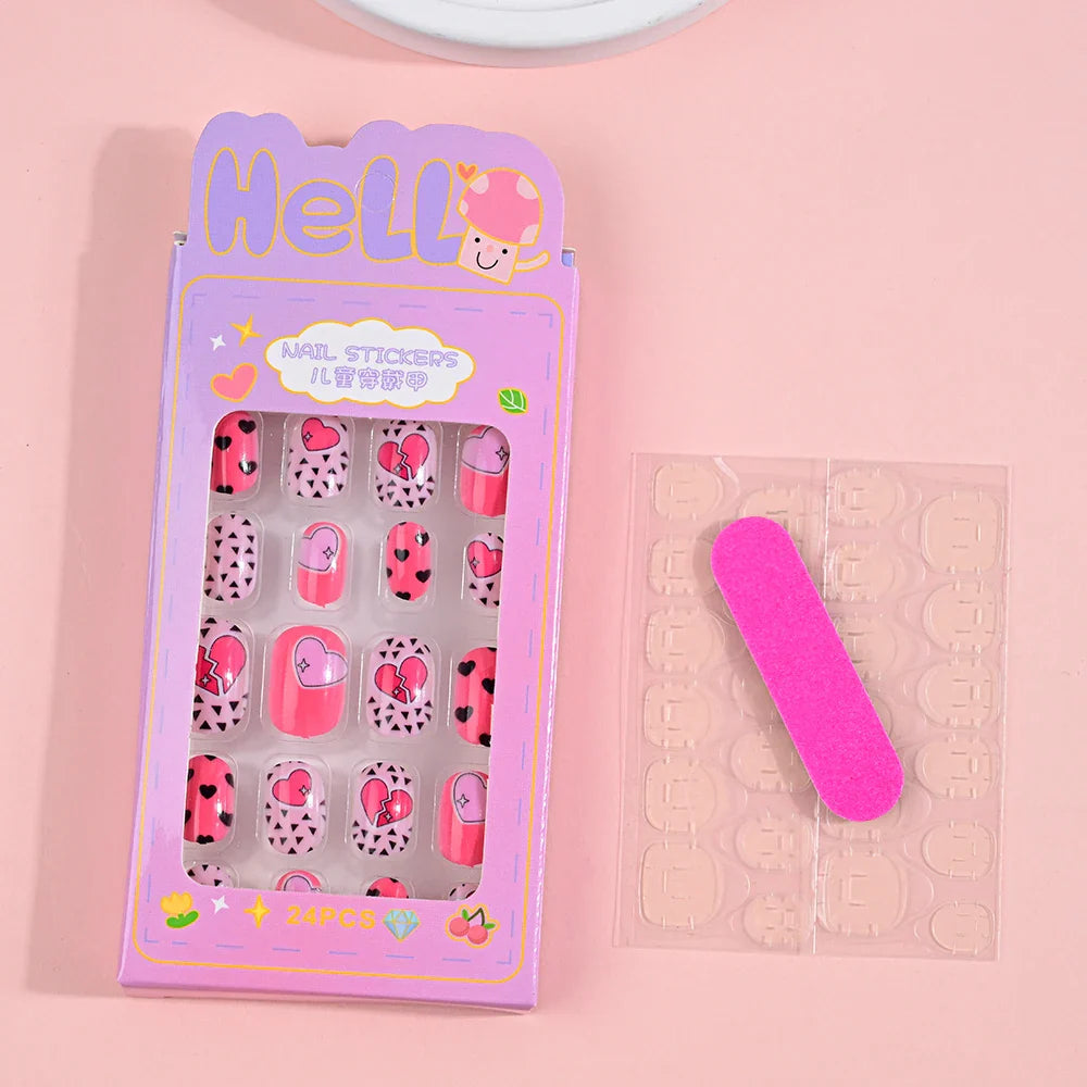 24Pcs Children Cartoon Nail Tips Colorful Cute Rabbit Pink Stars 6-14 Years old Girl Fake Nail With Jelly Glue Kids False Nail