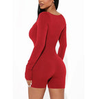 2025 Spring and Summer New Fashion Women's Long Sleeve Jumpsuit Shorts  Long Sleeve Sexy Slim Jumpsuit U Neck Jumpsuit