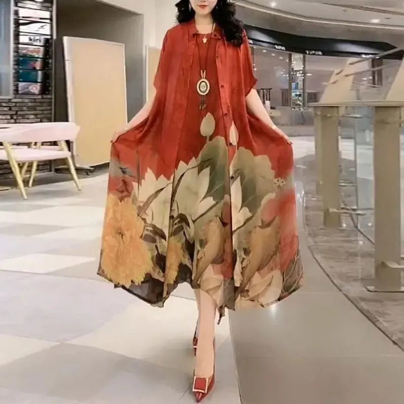 Commute Floral Printed Matching Sets Two Piece Set Casual Round Neck Spring Summer Female Fashion Irregular Hem Long Dress Sets