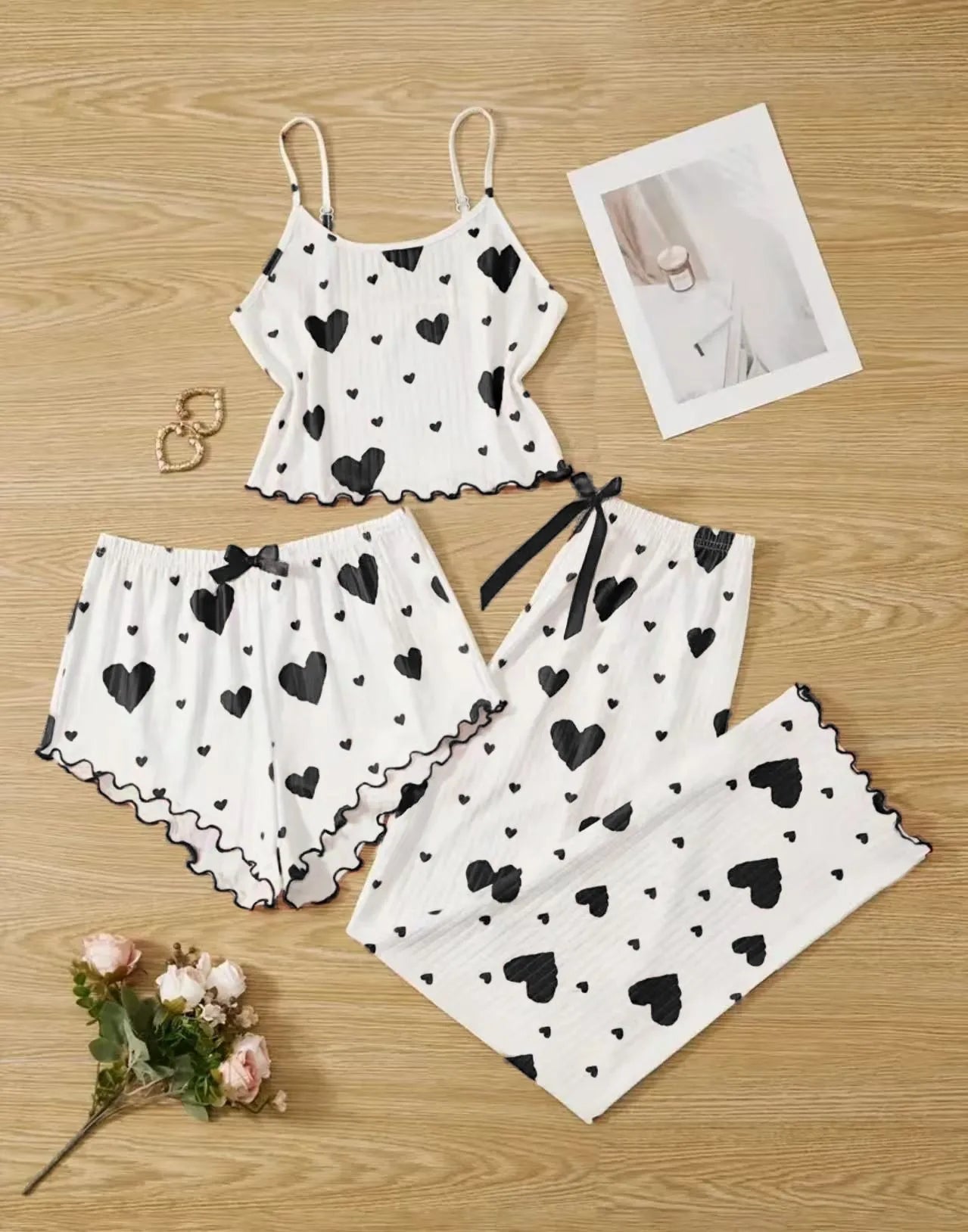 Autumn Winter Sleepwear Heart Print Sleeveless Cami Vest with Long Pants Trouser Set Pajamas Sets Women Sexy Lingerie Pyjamas