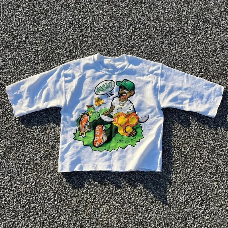 Gothic Summer American New Street Tops Clothing Harajuku Hip Hop Letter Graphic Character Print Y2K Cotton Couple Short Sleeve