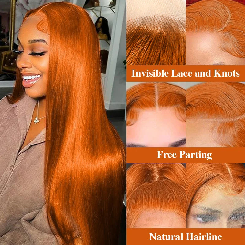 38 Inch Ginger Orange Lace Front Wigs Human Hair 13X6 180% Density Brazilian HD Transparent straight Lace Frontal Wig Human Hair