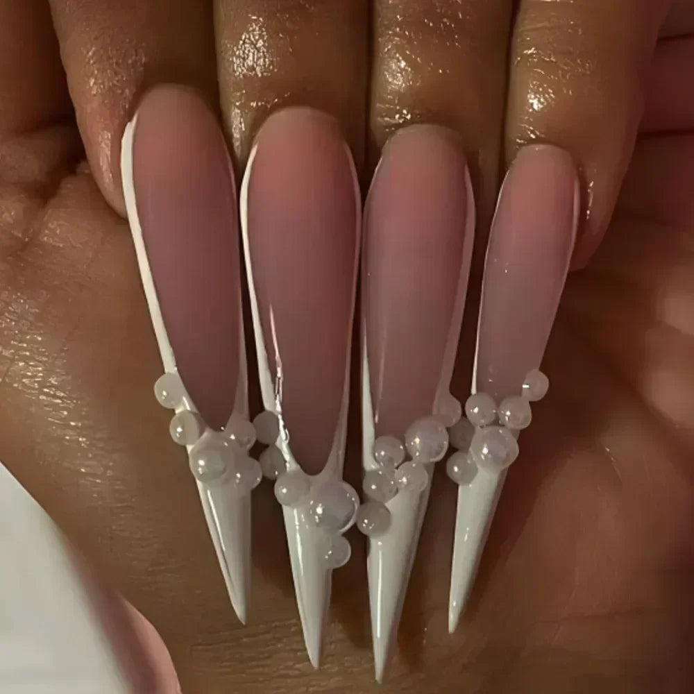 24Pc Long Stiletto Press on Nails Cherry Pink French False Nails with 3D Bow Pearls Design Detachable Acrylic Fake Nail Art Tips