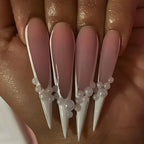 24Pc Long Stiletto Press on Nails Cherry Pink French False Nails with 3D Bow Pearls Design Detachable Acrylic Fake Nail Art Tips