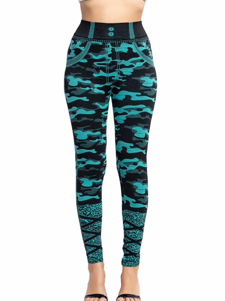 CUHAKCI Camouflage Printed Leggings Women Seamless Denim Sports High Waist Tights Workout Fitness Elastic Pants Stretch Jeggings