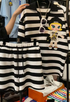 Casual Sports Striped Oversized Women's Clothing Summer Loose Turn-down Collar Pullovers Short Sets Elastic Waist Wide Leg Pants