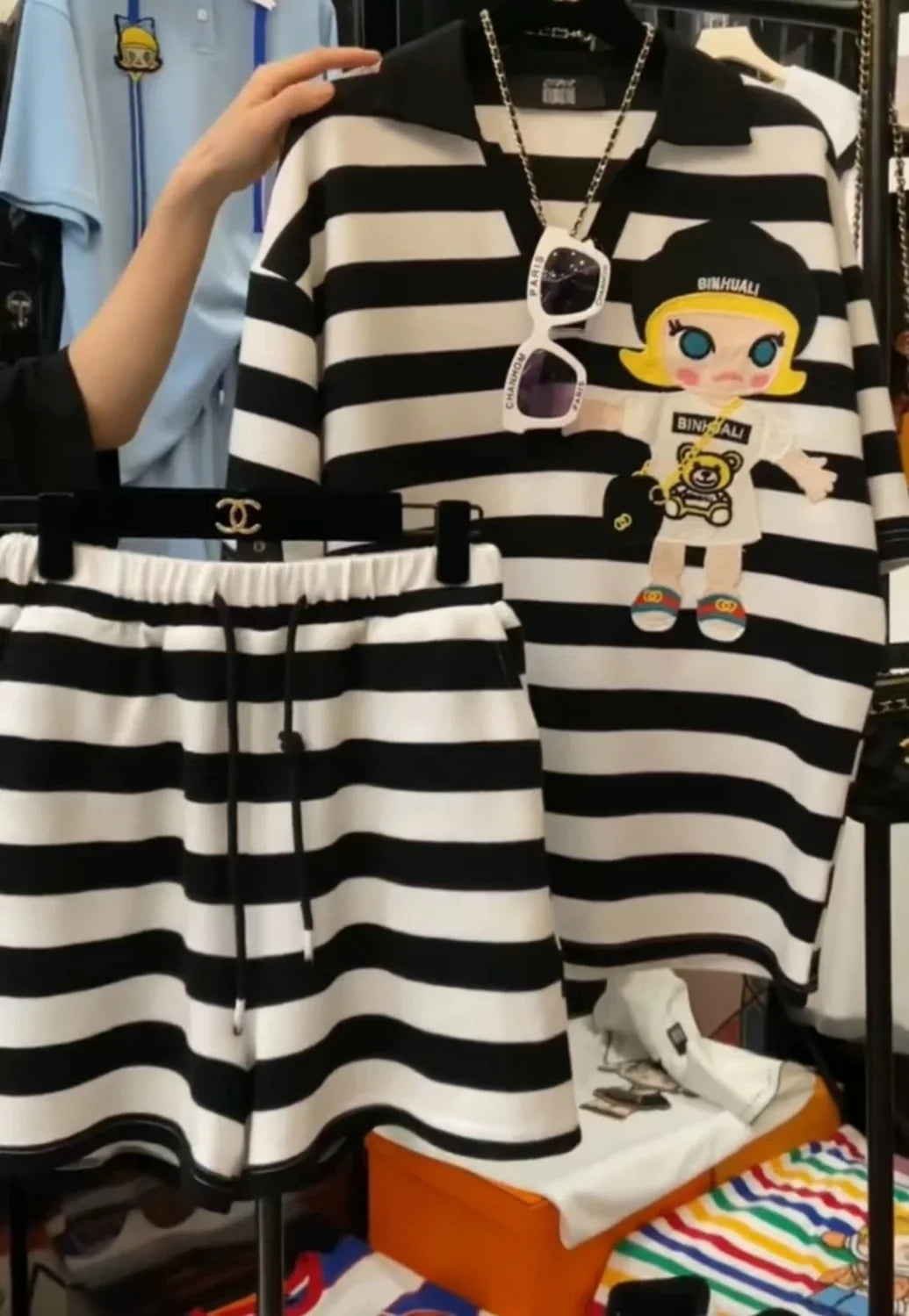 Casual Sports Striped Oversized Women's Clothing Summer Loose Turn-down Collar Pullovers Short Sets Elastic Waist Wide Leg Pants