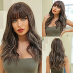 Brown Blonde Highlights Wigs Medium Length Wavy Synthetic Wig With Bangs Natural Body Wave Hair For Women Daily High Temperature