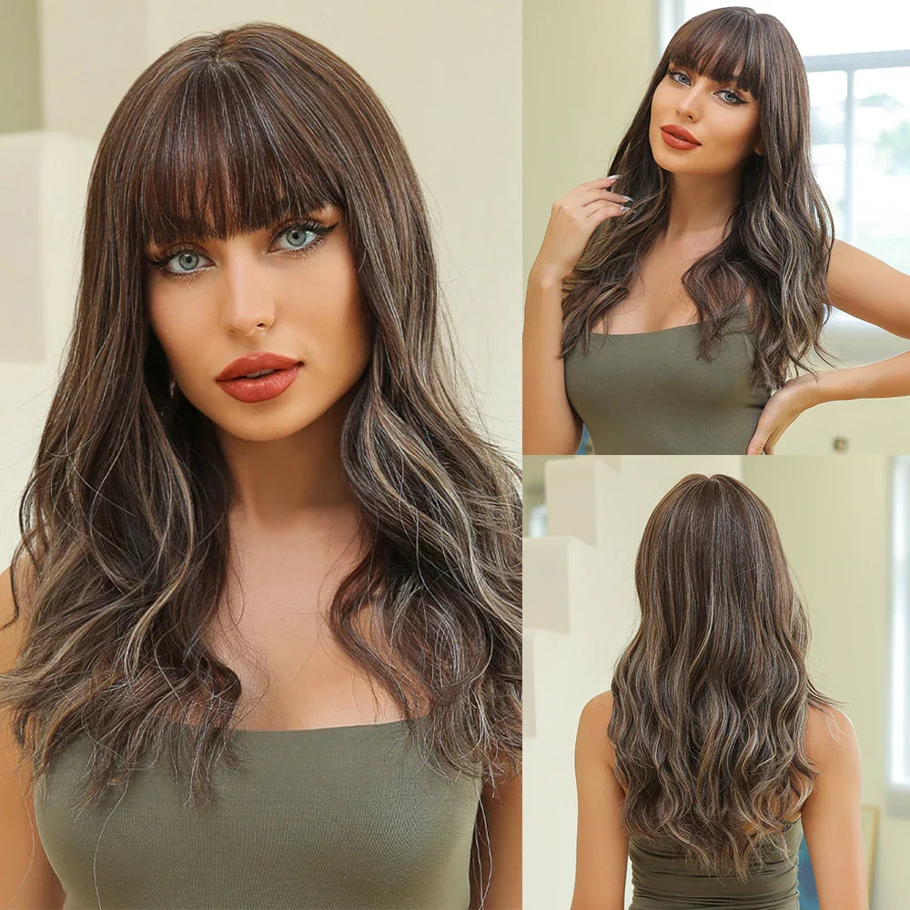 Brown Blonde Highlights Wigs Medium Length Wavy Synthetic Wig With Bangs Natural Body Wave Hair For Women Daily High Temperature