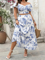 Elegant Plus Size Outfit Floral Print V-Neck Top with Short Sleeves and Elastic Waist Long Skirt - 2 Piece Set for Women