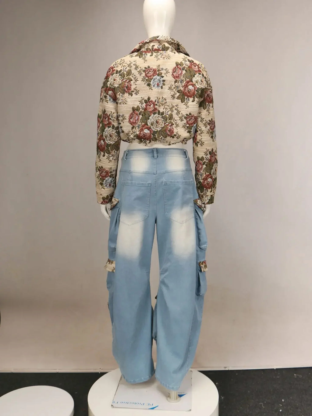 BWQ Washed Denim Women's Set Full Sleeve Floral Jacket and Pockets Cargo Jeans Pants Suit 2025 Street Two 2 Piece Set Outfit