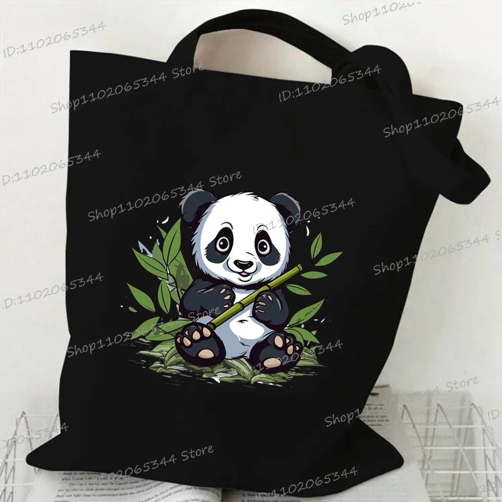 Canvas Bag for Women Cartoon Panda Printed Shopper Handbags Storage Reusable Canvas Shoulder Bag China Panda Female Tote Bag