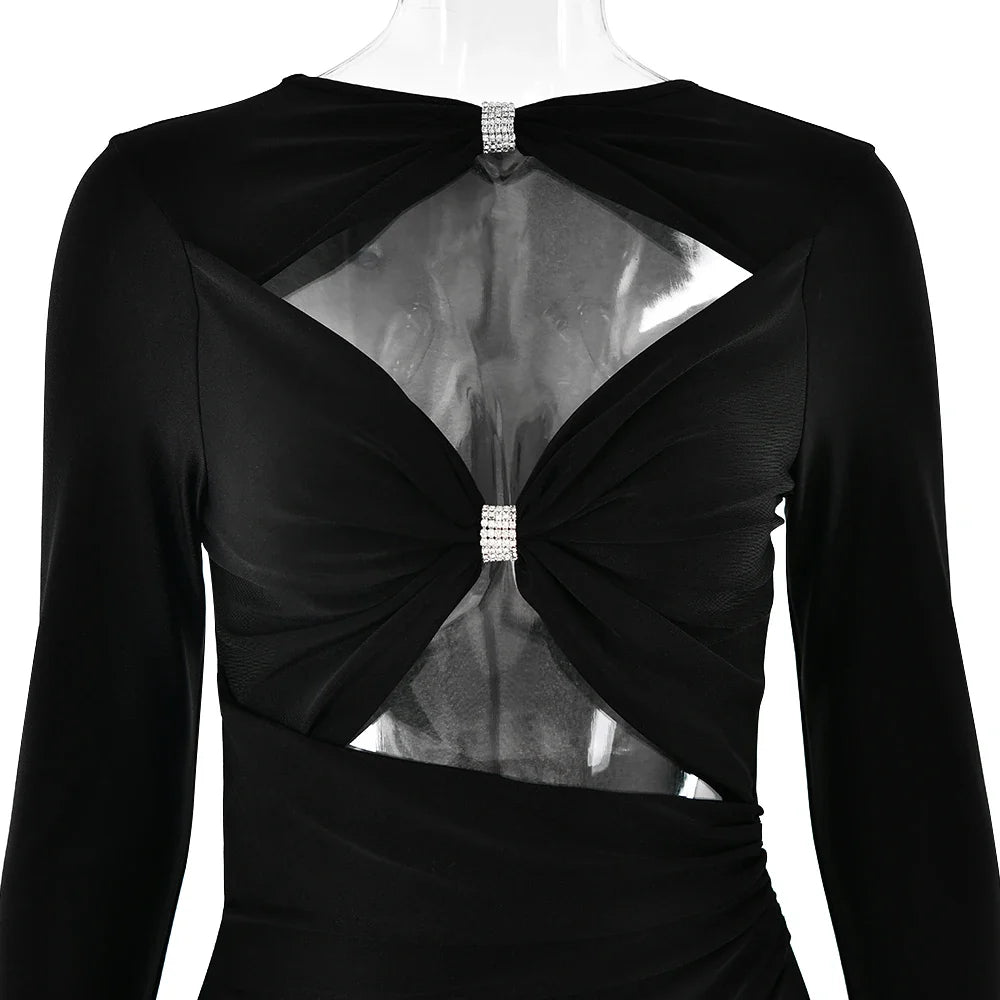 Articat Sexy Hollow Out Long Sleeved Elastic Tight Dress Women Pleats Double Layered Female Vestidos Elegant Party Evening Dress