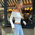 Candyhot Solid Elegant Off Shoulder Ribbed Crop Tops Autumn Fashion Casual Skinny Long Sleeve Camis Gentle Y2K Tight T-shirts