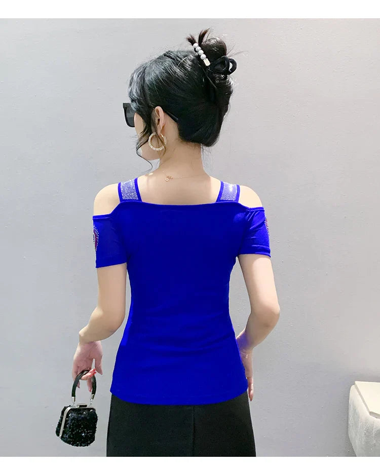 Aoxison Summer Short Sleeved Women's T-Shirt Elegant Slim Shiny Love Heart Diamonds Mesh Tops Chic Girl Sexy Off Shoulder Tees