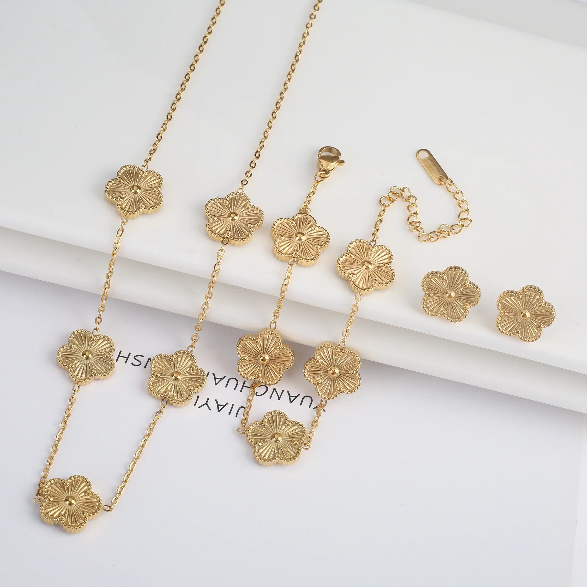 3Pcs Stainless Steel Hot Selling Gold Plated Clover Necklace Earrings Bracelet Jewelry Set Five Leaf Flower Jewelry For Women
