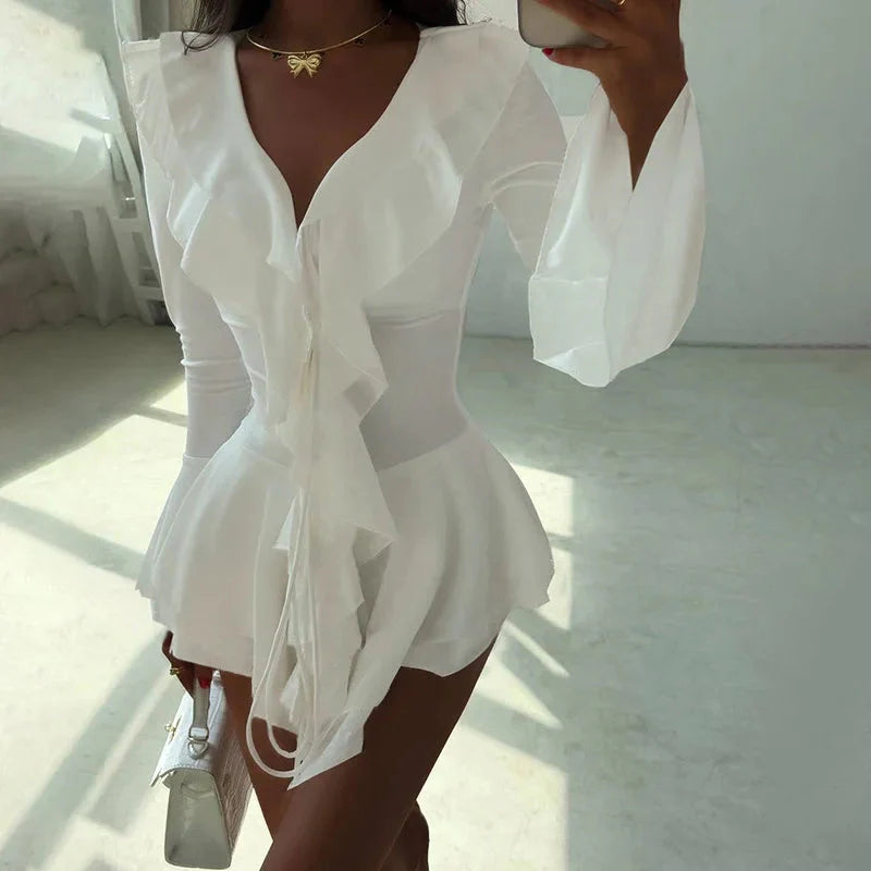 2025 New Autumn Irregular Hem Dress Women Y2K Flare Sleeve V-Neck Bandage Stretch Elegant Birthday Party Chic Hipster Bodycon