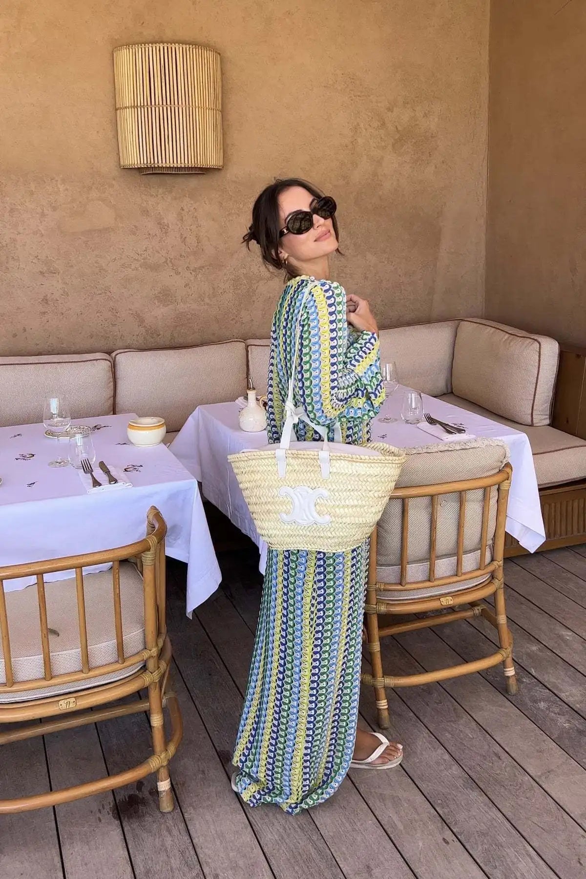 Crochet Colorful Stripe Flare Sleeve Maxi Dress Women V-neck High Split Sexy Lace Long Dresses 2024 New Beach Banquet Vestidos