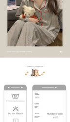 2PCS/Set Women's Long Sleeve Loose Breathable Student Sleepwear Loungewear Cardigan Gray Striped Girl Fashion Pajamas Homewear