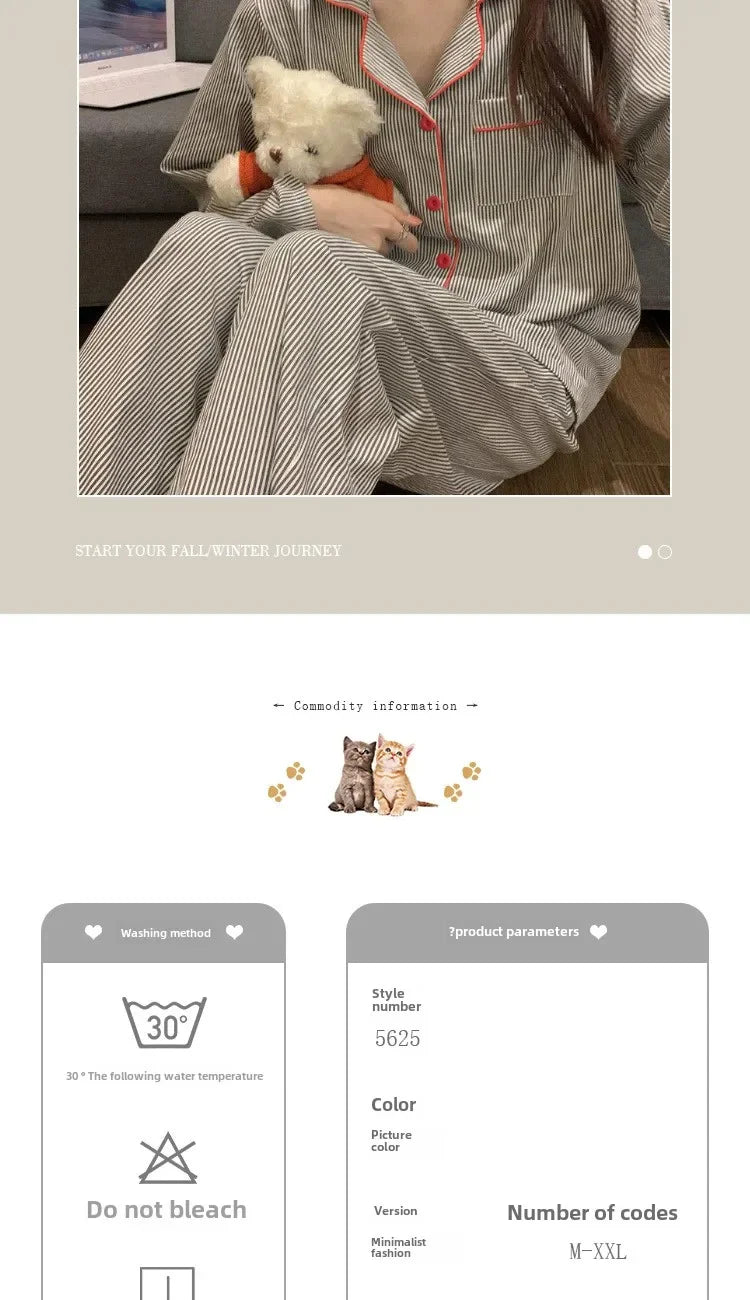 2PCS/Set Women's Long Sleeve Loose Breathable Student Sleepwear Loungewear Cardigan Gray Striped Girl Fashion Pajamas Homewear