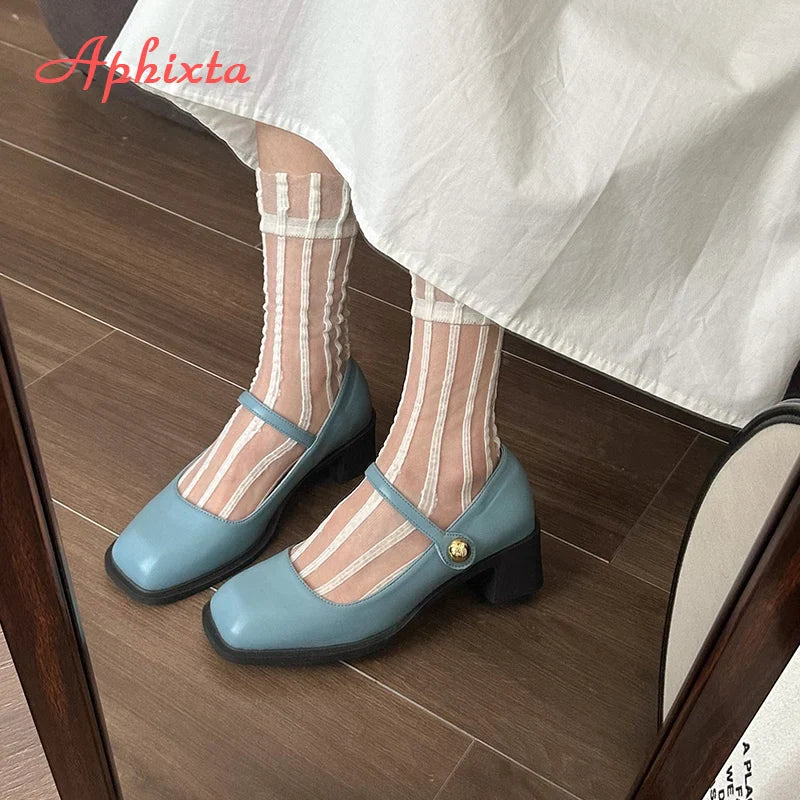 Aphixta Low Heels Mary Janes Square Heels Patent Leather Pumps Shoes Woman Classics Dress Official Pumps Party Plus Size 43