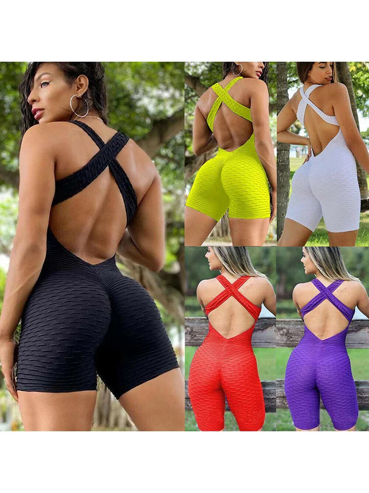 2024 Women's Sports Suit Sleeveless Backless Jumpsuits Costume Quick Dry Gym Bodysuit Tracksuit Fitness Tights Scrunch Leggings