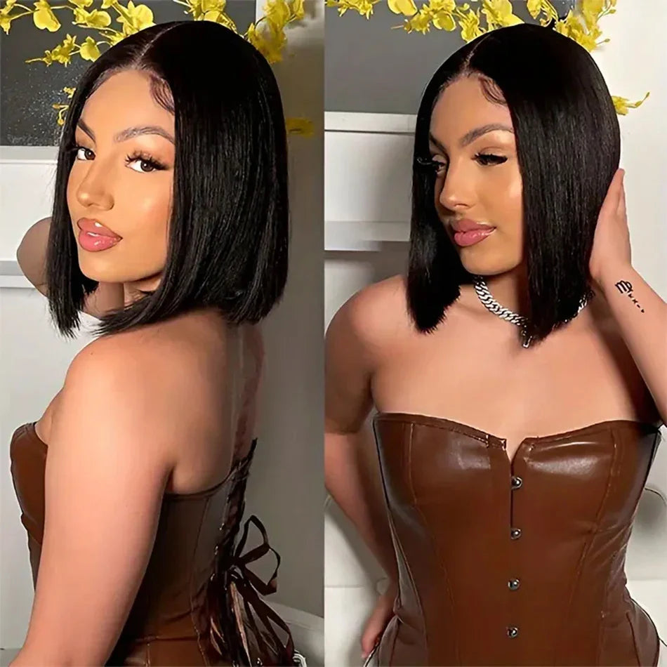 Bone Straight Short Bob Wigs 100% Human Hair Wigs Wear and Go Glueless Lace Front Wig Brazilian Lace Front Human Hair Wigs 180%