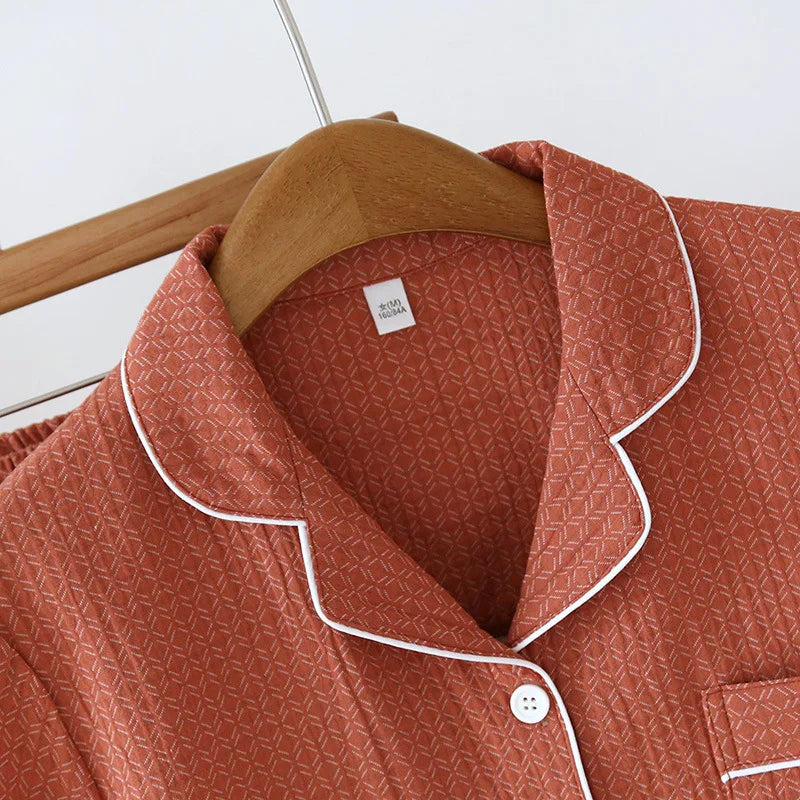 2025 New Japanese Spring/Summer Couple Pajama Set 100% Cotton Crepe Short Sleeve and Long Pants Two Piece Home Suit Thin Style