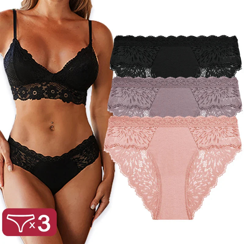 3PCS/Set Sexy Perspective Women Back Lace Panties Patchwork Cotton Underpants Hollow Out Lingerie Underwear Comfortable Briefs