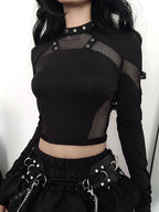 AltGoth Dark Punk Cyber T-shirt Women Gothic Streetwear Mesh Patchwork Long Sleeve O-neck Crop Tee Tops Harajuku Sexy Clothes