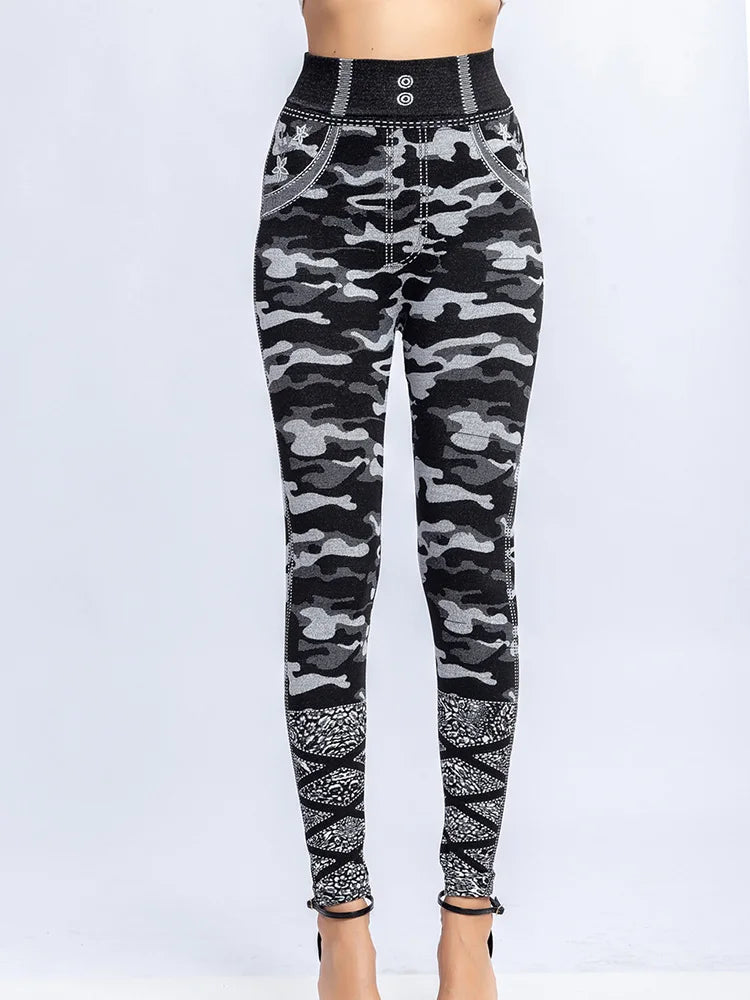 CUHAKCI Camouflage Printed Leggings Women Seamless Denim Sports High Waist Tights Workout Fitness Elastic Pants Stretch Jeggings
