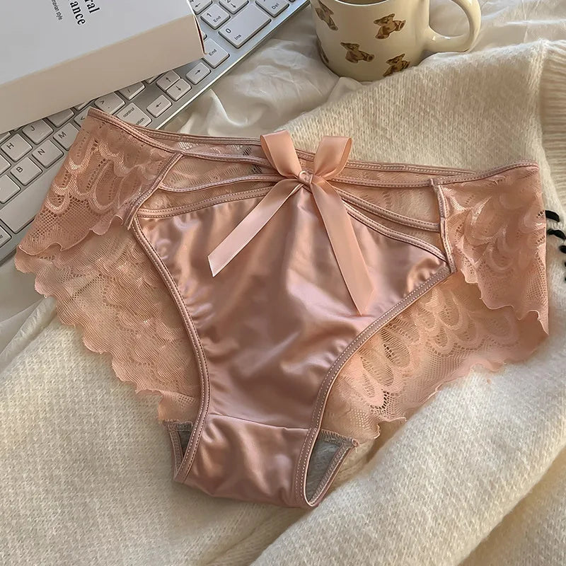 5Pcs Silk underwear, Women's intimate  sexy lovely soft ﻿comfortable bowknot silk  light  thin triangular pants lace splicing
