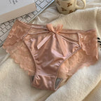 5Pcs Silk underwear, Women's intimate  sexy lovely soft ﻿comfortable bowknot silk  light  thin triangular pants lace splicing
