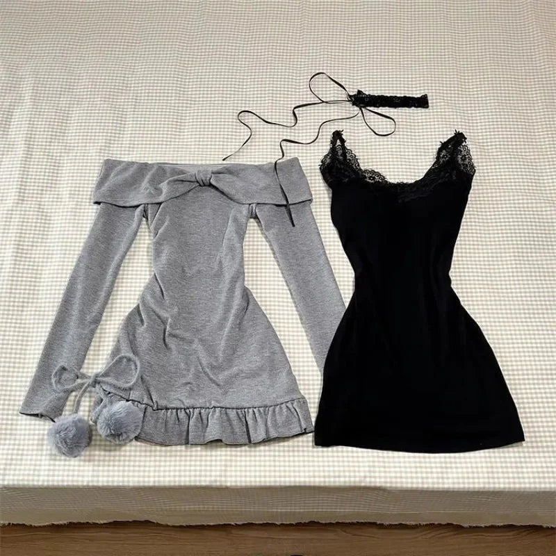 2024 High Street Two Piece Set Gray Slash Neck Long Sleeve Spliced Plested Dresses Y2k Aesthetic Vintage Lace Design Sling Dress