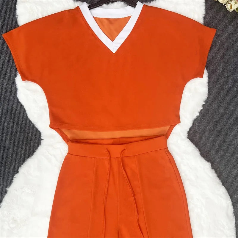 Elegant Women's Casual Short Sleeve T-shirt Sports Suit Summer Fashion Solid V Neck Short Top & Straight Pants Two Piece Sets