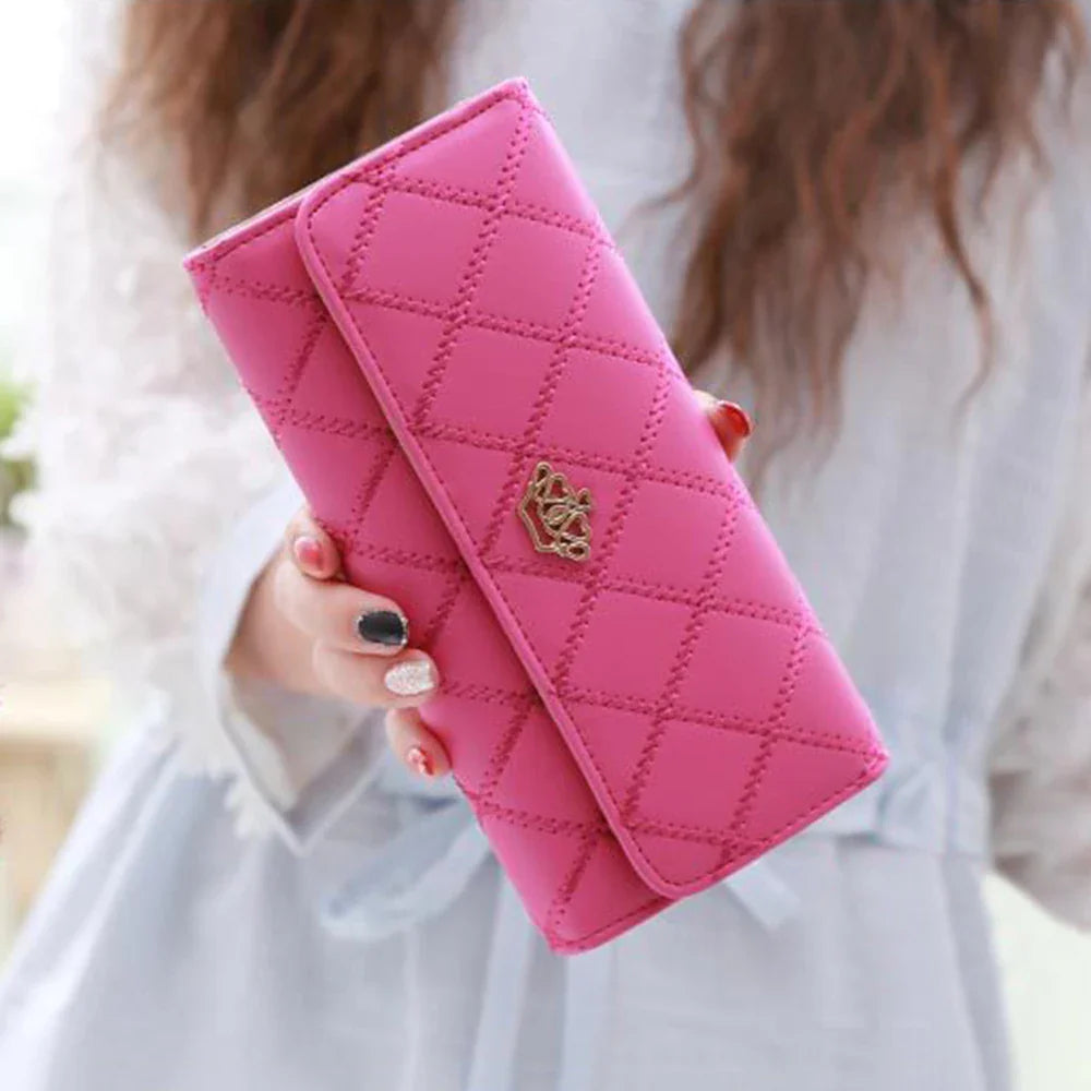 Black Long Wallets for Women PU Leather Diamond Pattern Purse Card Holder Crown Buckle Ladies Phone Bag Fashion Clutch Bag