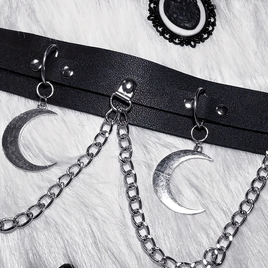 1pc Moon Pendant Chain Fringe Goth Belt Punk Black PU Leather Belts Vintage Waistband For Women daily use