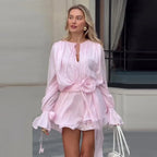 3D Flower Ruffles Mini Dress Women Elegant V Neck Lace Up Long Sleeves Ribbon Vestidos Female 2025 Summer Fashion Chic Dress