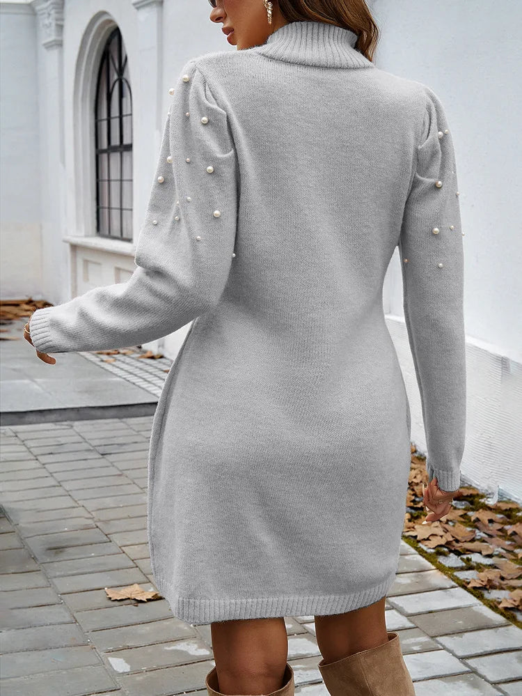 2025 Autumn Women Sweater Dresses Pearls Round Neck Long Sleeve Hip Wrap Dress Winter Elegant Ladies Casual Solid Slim Fit Dress