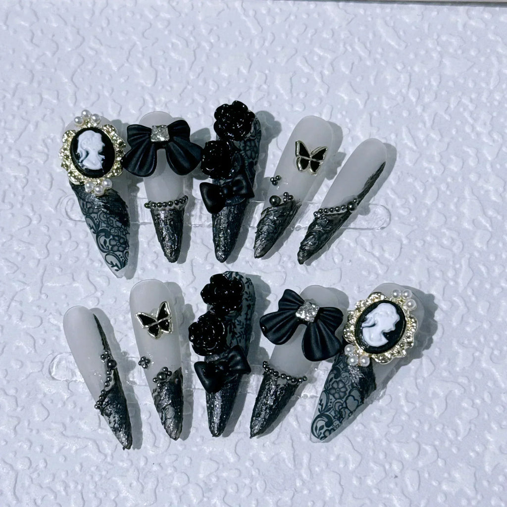 10pcs Ballet Acrylic Long Stiletto Black Glitter Sweet Cool Artificial Nails with Glue Handmade False Nails Y2k Stick on Nails