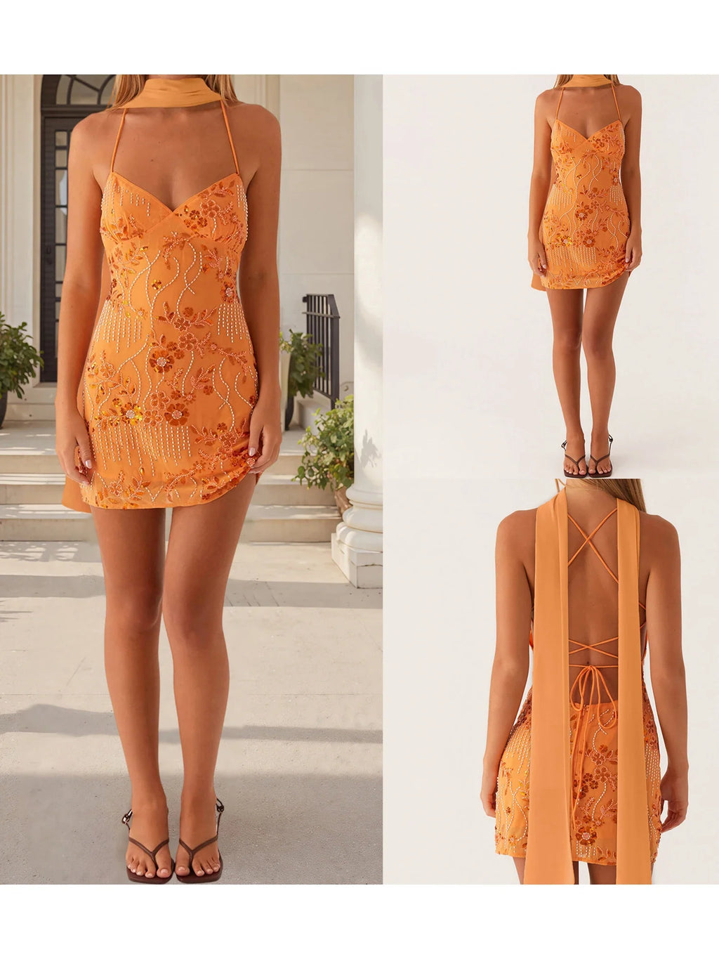 Elegant Women s Sleeveless Bodycon Dress with Spaghetti Straps and V Neckline Perfect for a Night Out with Matching Scarf